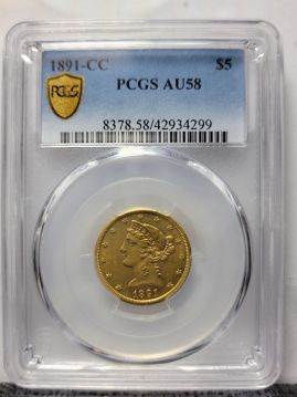 1891 CC $5 PCGS AU58   