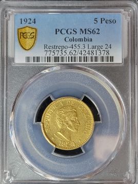 1924 Columbia Gold 5 Peso PCGS MS62 Large 24  42481378
