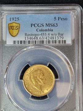 1925 Columbia Gold 5 Peso PCGS MS63 w/o Bar  42481379
