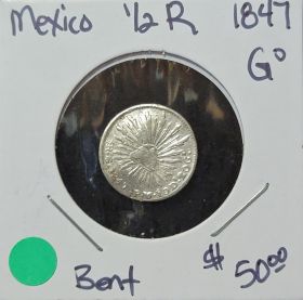 1847 Mexico Coin Half Real 1/2R Details Bent