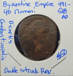 Byzantine Empire Coin 491-518 AD 40 Nummi Dicortis Constantinopolis Double Struck Reverse