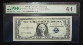 $1 1957B Silver Certificate Fr#1621 (SA Block) Granahan Dillon PMG 64 EPQ