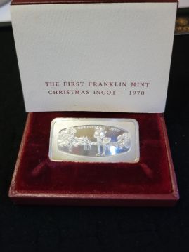1970 Christmas Ingot "The Skaters" 1000 Grains Solid Sterling Silver Bar by the Franklin Mint