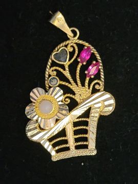 14k Gold Flower Basket with Gems Pendant for Chain Necklace  #099