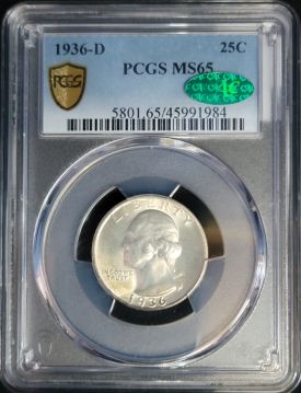 1936 D 25C PCGS MS65 CAC  45991984  Silver Washington Quarter