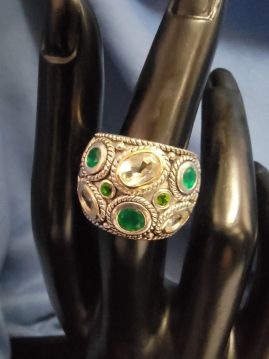 Chunky Silver Green and Yellow Stones Ring Size 7 .925 Sterling  #091