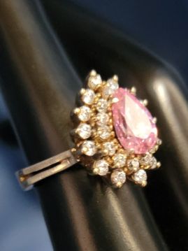 Brilliant Pink Teardrop with White Crystal .925 Sterling Silver Ring Size 7  #087
