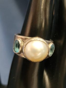 Modern Chunky Pearl and Aqua Blue Stone .925 Sterling Silver Ring Size 8.25  #083
