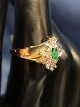 Marquise-cut Emerald surrounded by Diamonds Set in 10k Gold Ring Size 6  #080