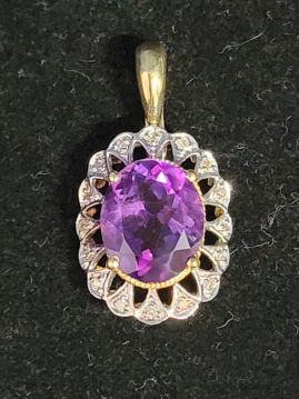 Large Stone Amethyst and Diamond Pendant for Necklace 14k Gold  #067