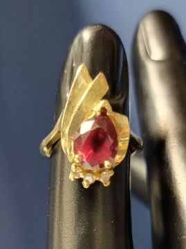 Red Citrine and Diamond Child's 14k Gold Ring Asymmetric Teardrop Size 2.75  #054