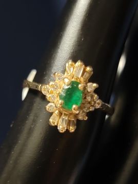 Classy Art Deco Emerald and Diamond 14k Gold Ring Size 5  #053