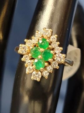 Bright Emerald and Diamond 14k Gold Ring Size 5.5  #051