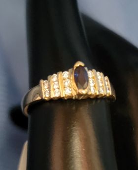 Black Sapphire Rows of Diamonds Classic 14k Gold Ring Size 6.75   #030