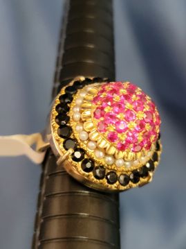 Ruby Diamond Sapphire Pearl 14k Gold Dome Ring Size 6.5  #027