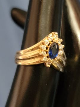 Pointed Sapphire and Diamond 14k Gold Ring Size 6.75  #025