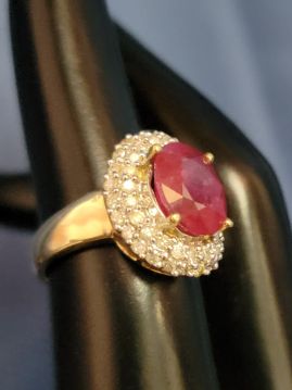 Large Ruby and Diamond Halo Ring 14k Gold Ring Size 6.5  #020