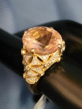 Rose Quarts Diamond Cocktail 14k Gold Ring Size 6.5  #016