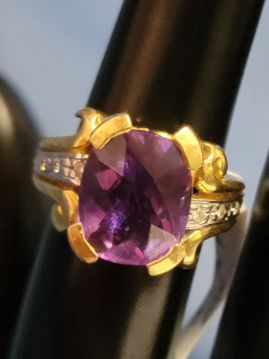 Chunky Feminine 18k Gold Amethyst Ring Diamond Accents Size 5.75  #006