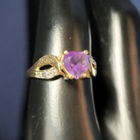 Amethyst Diamond Heart Ring 10k Gold Size 8.75  #019