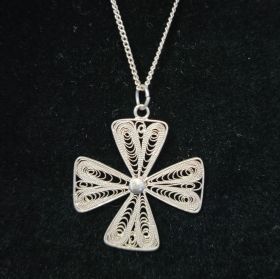 Antique Russian Sterling Filigree Maltese Cross Pendant Necklace 18" Chain