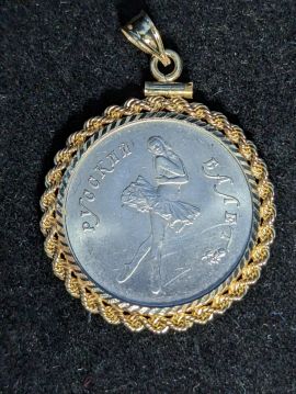 Russian Ballerina Silver Coin Pendant for Necklace Set in 14k Yellow Gold