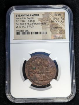Byzantine Empire Justin and Sophie AE Follis AD 565-578 Constantinople NGC ch VF 6558326-005