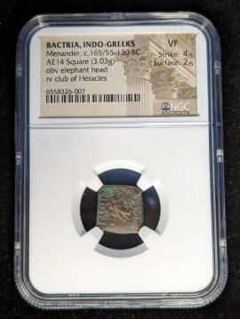 Bactria Indo-Greeks Menander c.165/55-130 BC AE14 Ancient Square Coin NGC VF 6558326-007
