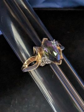 Ring Size 9 Rainbow Fire Topaz and 10k Gold with Diamond Chips
