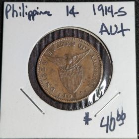 1914-S 1c US Philippines One Centavo Peso Filipinas AU++