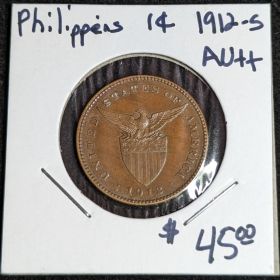 1912-S 1c US Philippines One Centavo Peso Filipinas AU++