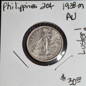 1938-M 20C Philippines 20 Centavos AU Luster
