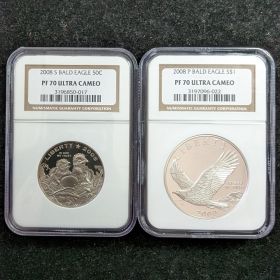 2 Coins Proof Set 2008 S Bald Eagle 50c $1 NGC PF70 Ultra Cameo