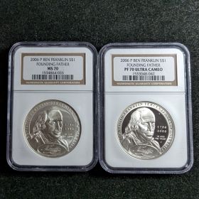 2 Coin Set 2006 P Ben Franklin $1 NGC PF 70 Ultra Cameo MS 70 Founding Father 1534864-026 1533048-042