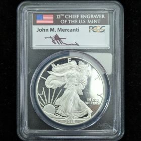 2015-W Proof Silver Eagle Dollar Coin $1 PCGS PR70DCAM Signed John. M Mercanti 12th Chief Engraver First Day of Issue Denver 31542690 1oz Fine Silver