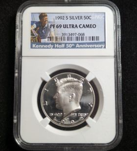 1992-S Silver Proof Kennedy 50c Half Dollar Coin NGC PF 69 ULTRA CAMEO 50th Anniversary 3913497-068