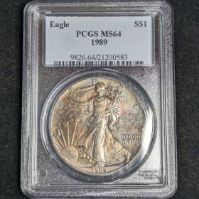 1989 $1 Toned Silver Eagle PCGS MS64 One Dollar Toner 21200583