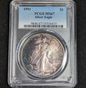 1991 $1 Toned Silver Eagle PCGS MS67 One Dollar Toner 35516415