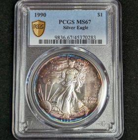 1990 $1 Toned Silver Eagle PCGS MS67 One Dollar Toner 45370283