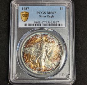 1987 $1 Toned Silver Eagle PCGS MS67 One Dollar Toner 45665967