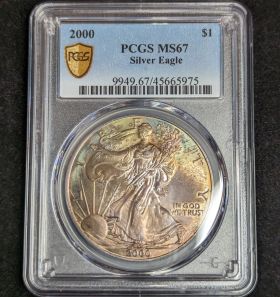 2000 $1 Toned Silver Eagle PCGS MS67 One Dollar Toner 45665975