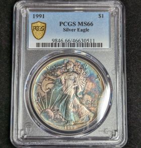 1991 $1 Toned Silver Eagle PCGS MS66 One Dollar Toner 46630511