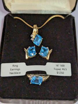 T&C 14k Italy Blue Topaz Diamond Ring Size 6.5 Necklace 16" Earrings Set