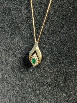Emerald & Diamond Pendant Necklace with Chain 10k Gold 2.39 grams