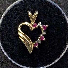 Dainty Ruby and Natural Diamond Heart Pendant for Necklace 10k Gold 1.21 grams