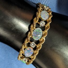 Opal and Diamond Bracelet Solid 14k Gold 7" Length 30.74 grams Rope Chain