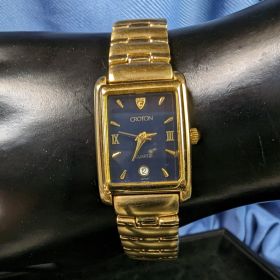 Croton Quartz Watch 23k Gold Plated Black/Navy Face Link Strap