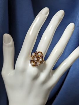 14K Gold Pearl, Jade & Diamond Ring Size 7.5