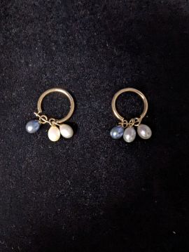 14K Gold Earrings with Black, White & Silver Dangling Pearls