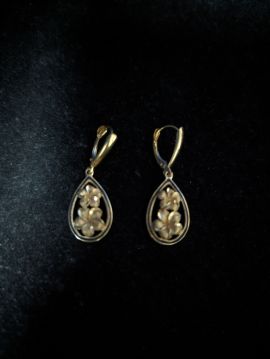 14K Gold 2 Tone Lotus Flower Drop Earrings